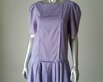 80s Vintage Laura Ashley Dress | Drop Waist Dress | Button Back | Lavender White Floral | Puff Sleeves | Size 10 |