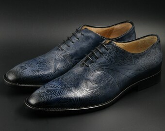 Leather men shoes, navy blue, Pyrograph, Oxford, hand painted, made in Italy, personalized