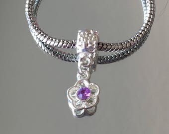 Silver Pandora-style Charm Beads - Flower Shape Metal Bead - 6x8mm Bead w/ 5/8" Charm/Pendant - Sold Individually (#677)
