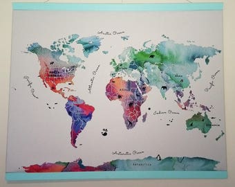 World map watercolor-Illustrated and educational nursery gift-Fabric art-Can be personalized-UNFRAMED--STUNNING!