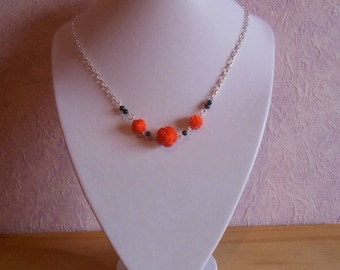 Trendy orange flowers bridal necklace and black beads