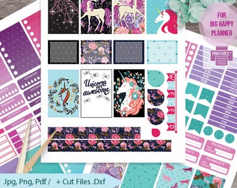 Unicorn printable planner stickers, BIG MAMBI Happy planner, Monthly / Weekly Kit ,Printable Sampler, Unicorn big happy Instant download