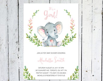 Baby Shower Invitation Girl, Elephant Baby Shower Invitation, It's A Girl, Wreath, Greenery, Pink, Grey, Printable, Printed