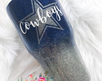 Dallas Cowboys Glittered Tumbler/ 30 ounce Ozark Trail/Cowboys Cup/Dallas Cowboys Yeti/Personalized/handmade glitter tumbler/blue silver cup