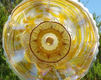 Golden Yellow Glass Flower, Outdoor Decor, Yard Art, Glass Flowers, Glass Garden Art, Garden Art Glass, Plate Flowers, Gift, LinMoonDesigns