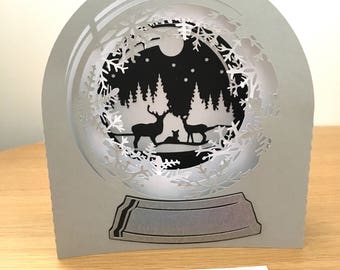 3D Snow globe card, 3d Christmas card, diorama, Christmas box card, special Christmas card, silver winter card, non-religious greetings card