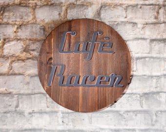 Panneau Café Racer entièrement fait main, écriture vintage deux couleurs, cafe racer sign, fully handmade, biker, caferacer