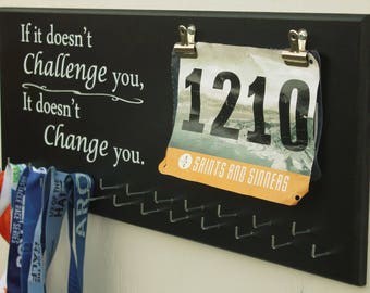 Running Medal Holder, Medal Display, Bib Display, Gift for runners, 23 Hooks, Doesn't Challenge You, Tri, Run, Bike, Swim, Full Medal Holder