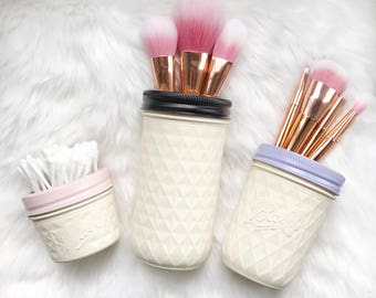 Mason Jar set, dressing table set, vanity desk, mason jar decor, Makeup storage, desk tidy, white ball jar, pen pot, makeup brush holder