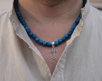 Mens cross necklace wooden beaded necklace religious christian necklace for men jewelry cross pendants unisex necklace minimalist cross