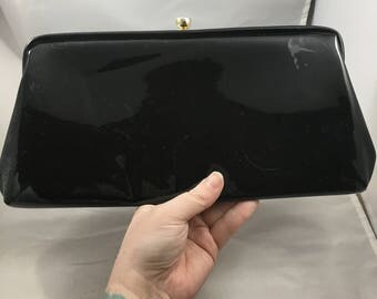 Vintage Black Patent Leather Clutch With Gold Clasp