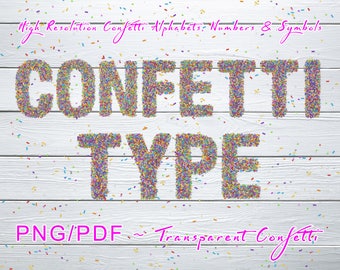 Confetti Party Planner Stock 4PNG / 1PDF Pack, High Resolution Transparent Confetti Alphabets, Numbers, Symbols, Multipurpose | Royalty Free
