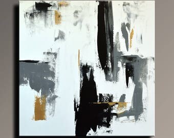 ABSTRACT PAINTING Black White Gray Gold Painting Original Canvas Art Contemporary Abstract Modern Art 36x36 wall decor -Unstretched -47WBGi1