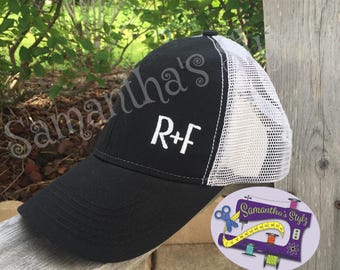 Black and White R+F Hat, Embroidered Rodan and Fields Hat, Trucker style R+F Hat, Monogrammed Hat