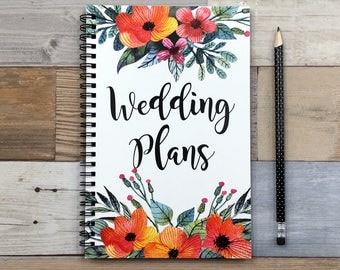 Writing journal, spiral notebook, bullet journal, cute notebook, sketchbook, floral, engagement gift, blank lined grid - Wedding plans