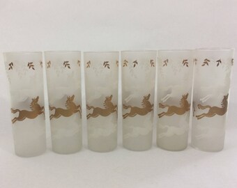 Vintage Libby Tom Collins Frosted Glasses Cavalcade Pattern Horses, Barware, Man Cave, Mad Men, Collectible, Retro, Kitchen, Table