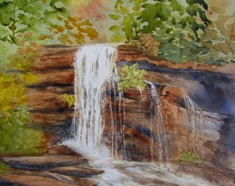 Waterfall watercolor painting nature art original North Georgia art 11x15