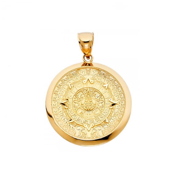 10K Solid Yellow Gold Aztec Calendar Pendant Sun Medal