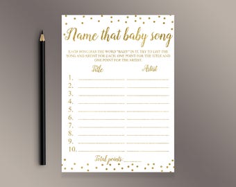 Name that Baby Song, Name that song game, Funny Baby Shower Games, Gold confetti Baby Shower ideas, Baby Shower activity, Song Guessing game