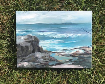 Acrylic landscape, Maine landscape, ocean painting, original landscape art, acrylic painting, small painting, landscape artwork,
