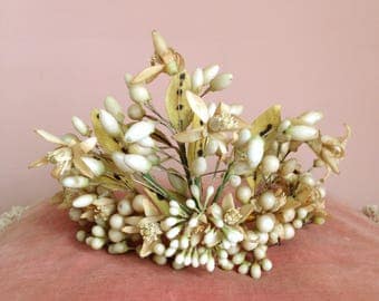 French antique wedding bridal flower crown. Wax orange blossoms tiara. Napoleon III. Victorian wreath. 1800s