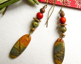 Long earrings, Picasso Jasper, unakite stones, MOSS jade, Jasper and fall colors landscape