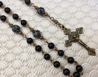 Black and Snowflakes Obsidian Catholic Rosary with Miraculous Medal in Antique Bronze