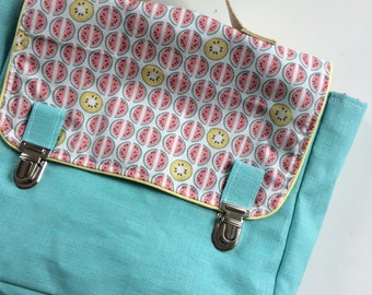 cartable maternelle en lin enduit bleu lagon et pastèque
