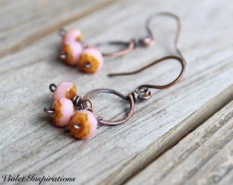 Copper Hoop Earrings / Czech Glass / Rose Colored Earrings / Wire Wrapped Earrings / Wire Wrapped Jewelry / Lightweight Earrings