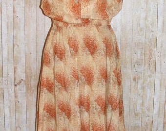 Size 10-12 vintage 60s capsleeve collared midi day dress tan/brown print (HJ47)