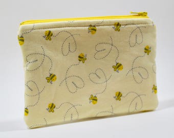 bee zipper pouch, coin purse, bumble bee, garden, yellow,