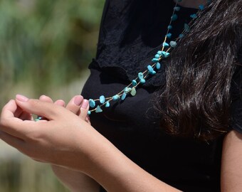Boho Style Natural Turquoise Necklace | Navy Blue Chocker Necklace | Turquoise Jewelry Necklace Long Beaded Wrap Necklace, Beaded Necklace