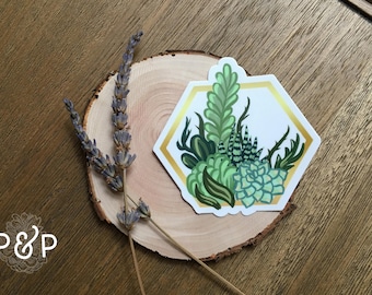 Succulent Garden with Gold Hexagon Border Laptop Sticker, Water Bottle Sticker, Pantone Color of the Year, Succulent Stickers, Cool Stickers
