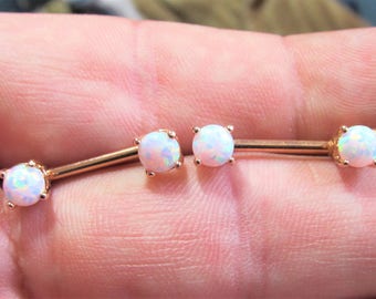 Rose Gold Plated White Opals Nipple Piercing Barbels Set(price for 2) 14g..12mm (5mm opals)