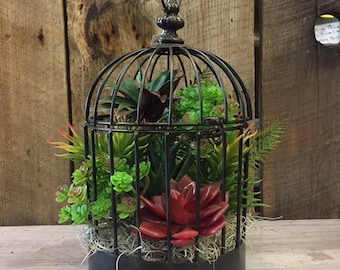 Silk Succulent Birdcage Arrangement, Rustic Succulents