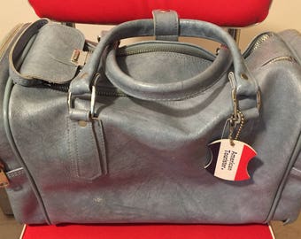 Vintage American Tourister Bag / Overnight / Carry On - Luggage - Light Blue - Faux Leather