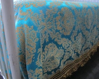VIBRANT Teal Silky Embroidered 60's 70's Gold Damask Bedspread Vintage Bedcover Coverlet with Fringe Double Queen