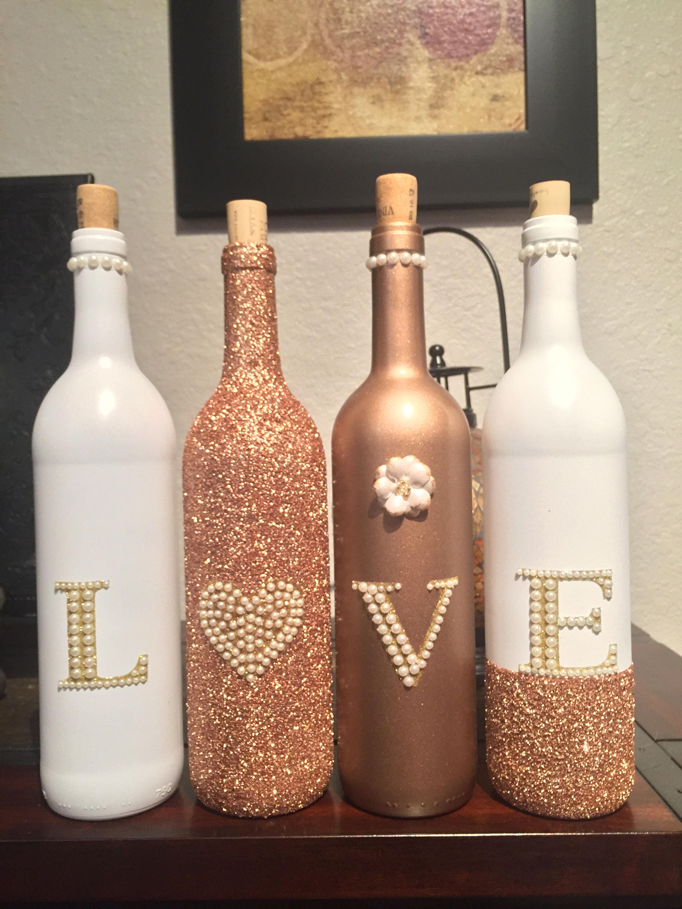 Rose Gold and White LOVE Decorative Wine Bottle Set