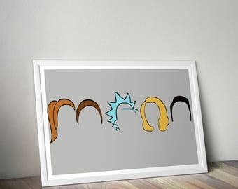 Rick and morty, family, Plumbus, minimalist, Hair, Poster, Print, Art, Season 3, Adult swim, unique, Gift, Card, One of a kind