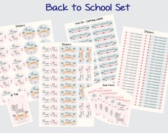 Personalized cat back to school set stickers/Id tag/20 iron on clothing labels/5 magnet bookmarks/personalized waterproof label/cat labels