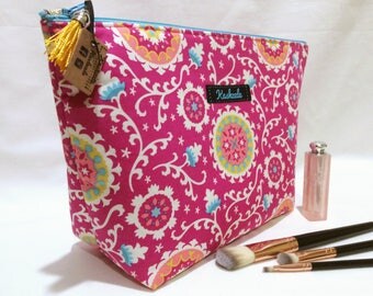 Marrakesh Make up Bag, Toiletry Bag, Travel Bag, Cosmetic Bag, Makeup Bag, Large Deep Cosmetic Bag, Large Size Bag, Hot Pink Print.