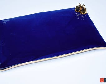 Gold-birds Platter, Large Rectangular Blue Plate, Handmade Luxury Ceramic, Melbourne
