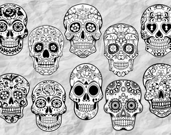 10 Sugar Skull ClipArts | Sugar Skulls SVG cut files | Sugar Skull Black&White | Day of the Dead | Sugar Skull outline | SVG files | vectors