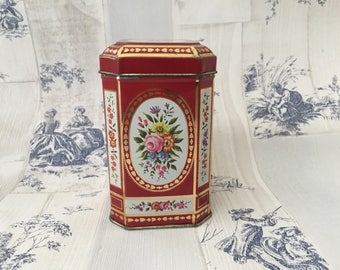 Vintage Floral Metal Tin with Hinged Lid, Red And Gold Metal Tin