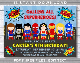 Superhero Invitation, Superhero Birthday Invitation, INSTANT DOWNLOAD, Superheroes Birthday, Comic Birthday Party, Superhero, Editable