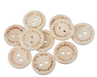 50 pcs Round Wooden Craft Buttons embellished with 'Handmade with Love'