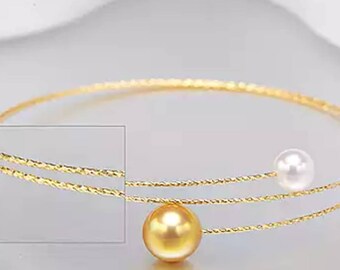 Single 18K Gold Japanese Akoya sea pearl bracelet adjusts natural rose white color gold flawless bulb