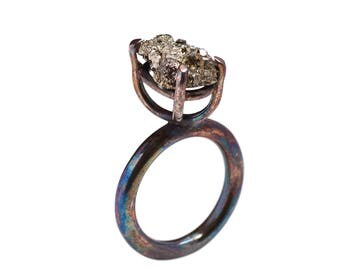 Handcrafted oxidized sterling silver 925 ring with Pyrite Quartz
