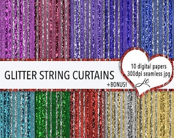SALE Glitter String Curtains Digital Papers + BONUS Pattern Files, Seamless, Textures, Backgrounds, Clipart, Personal & Commercial Use