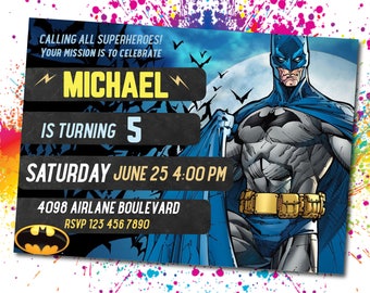 Batman Birthday Party Invitation Yellow Black and Blue